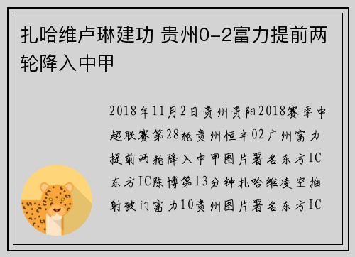 扎哈维卢琳建功 贵州0-2富力提前两轮降入中甲